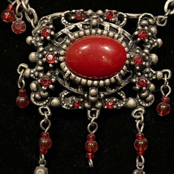 Exotic Necklace with Crimson beading and silver-tone metal. - Picture 5 of 5